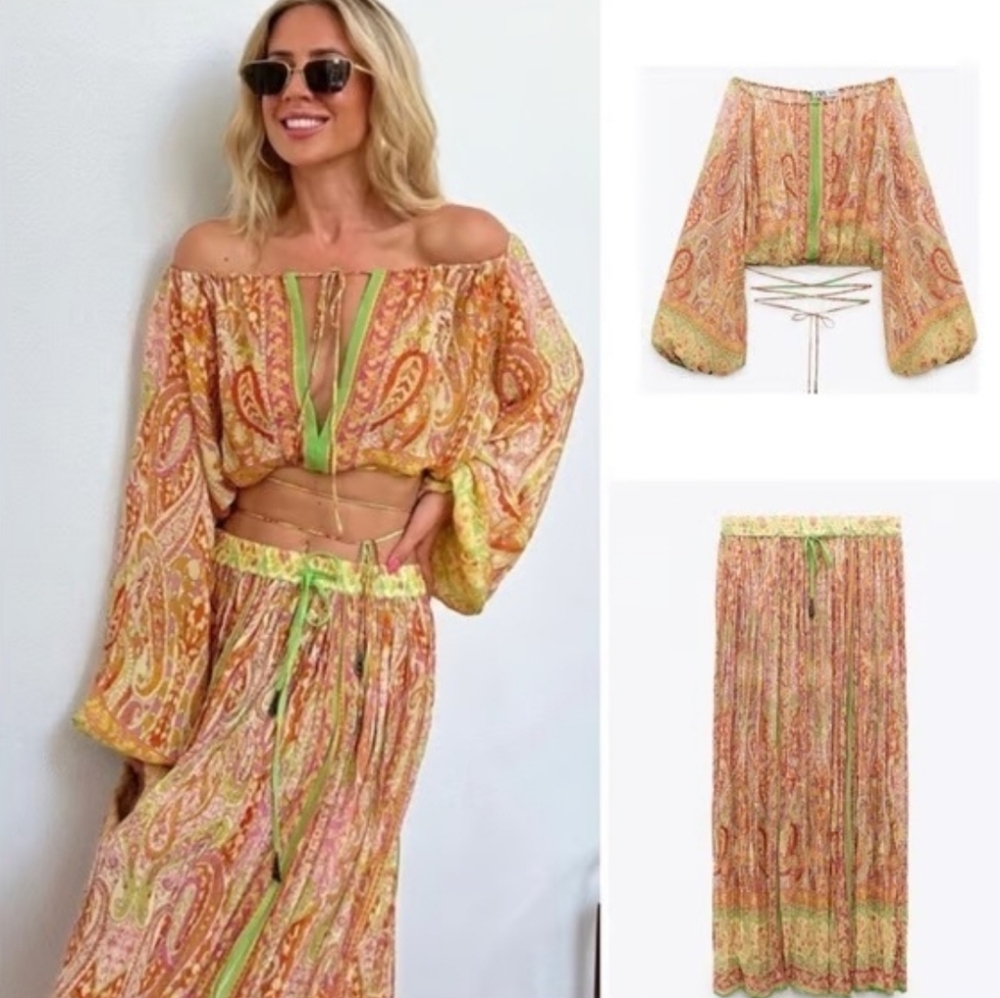 WOMEN'S ZARA BOHO PAISLEY SET MAXI SKIRT & SHIRT TOP BLOUSE SZ XS/S $120 - Picture 3 of 4